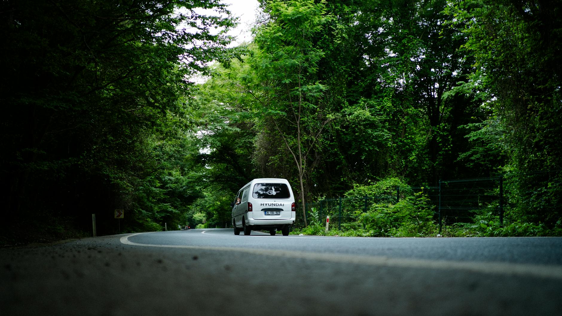 Samochód Hyundai na wąskiej leśnej drodze otoczonej bujną zielenią Samochód Hyundai na wąskiej leśnej drodze otoczonej bujną zielenią